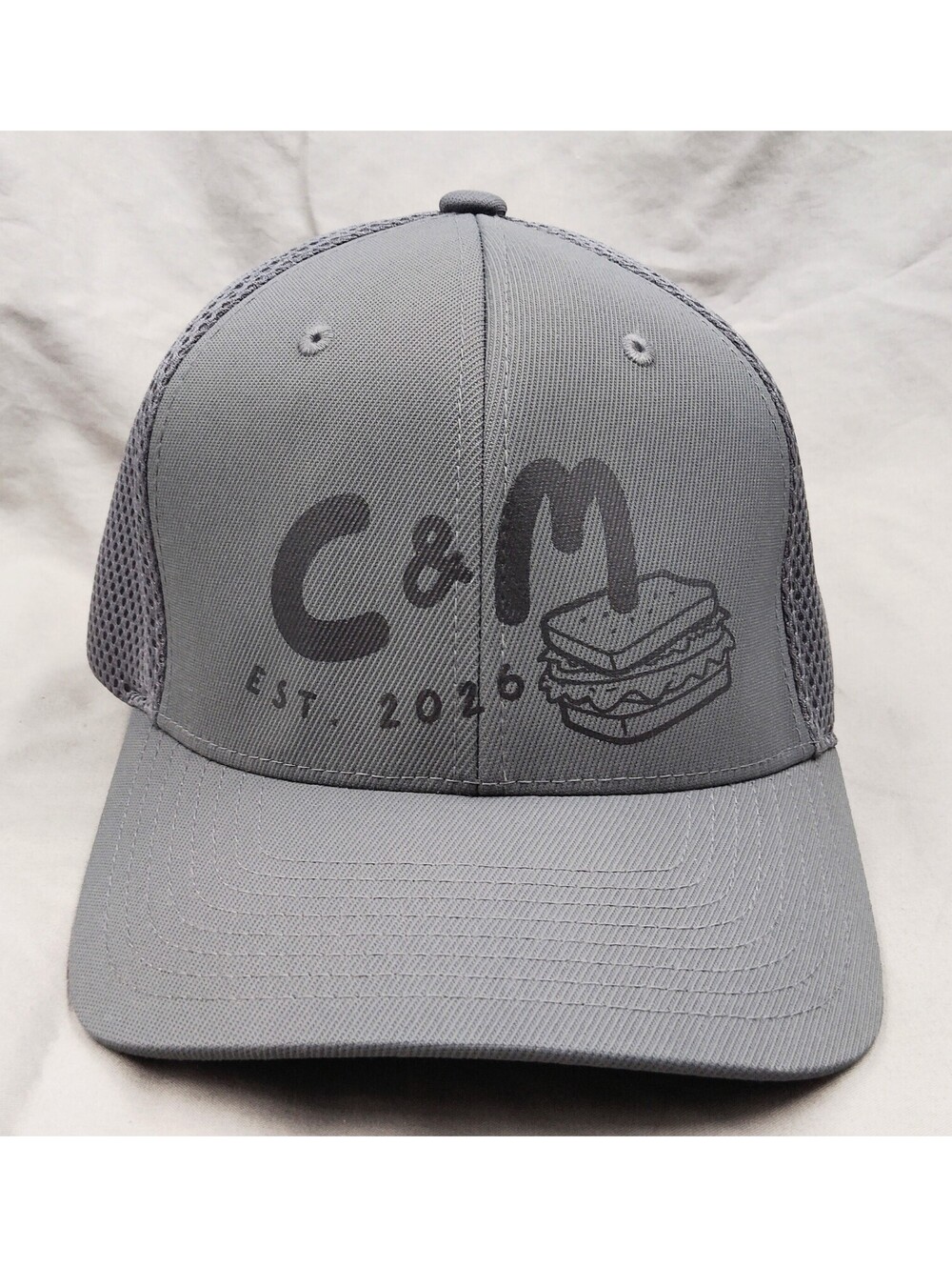 C&M Flexfit Yupoong Gray Mesh Fitted Hat S/M Stretch Trucker Cap Est 2026